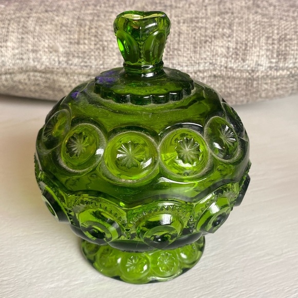 Vintage LE SMITH moon stars green glass pedestal covered candy Dish/ lid RARE - Picture 1 of 6